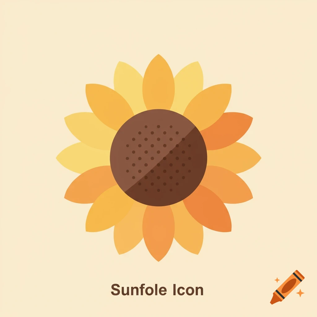 A flat icon of a sunflower with muted yellow and orange petals.