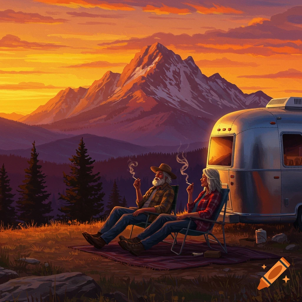 An old couple sitting in chairs next to a silver camper, smoking cigarettes while watching a sunset over mountains.