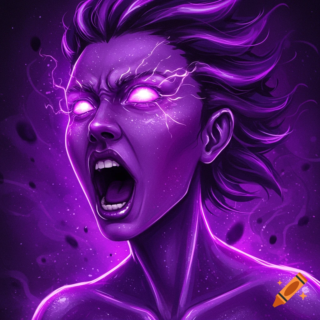 A person is glowing purple with electric arcs around their face, mouth open in a scream or roar.