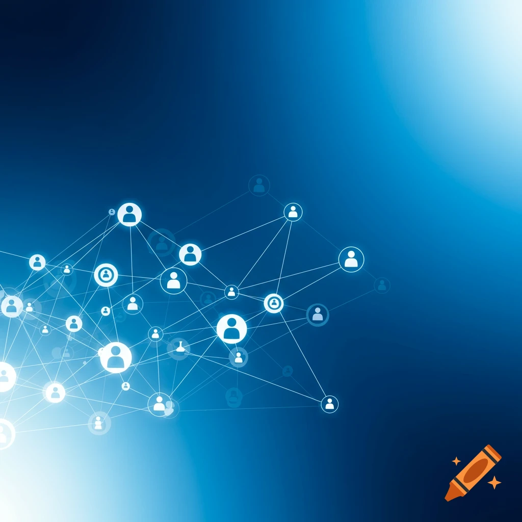 Abstract digital illustration of a blue network connecting white people icons.