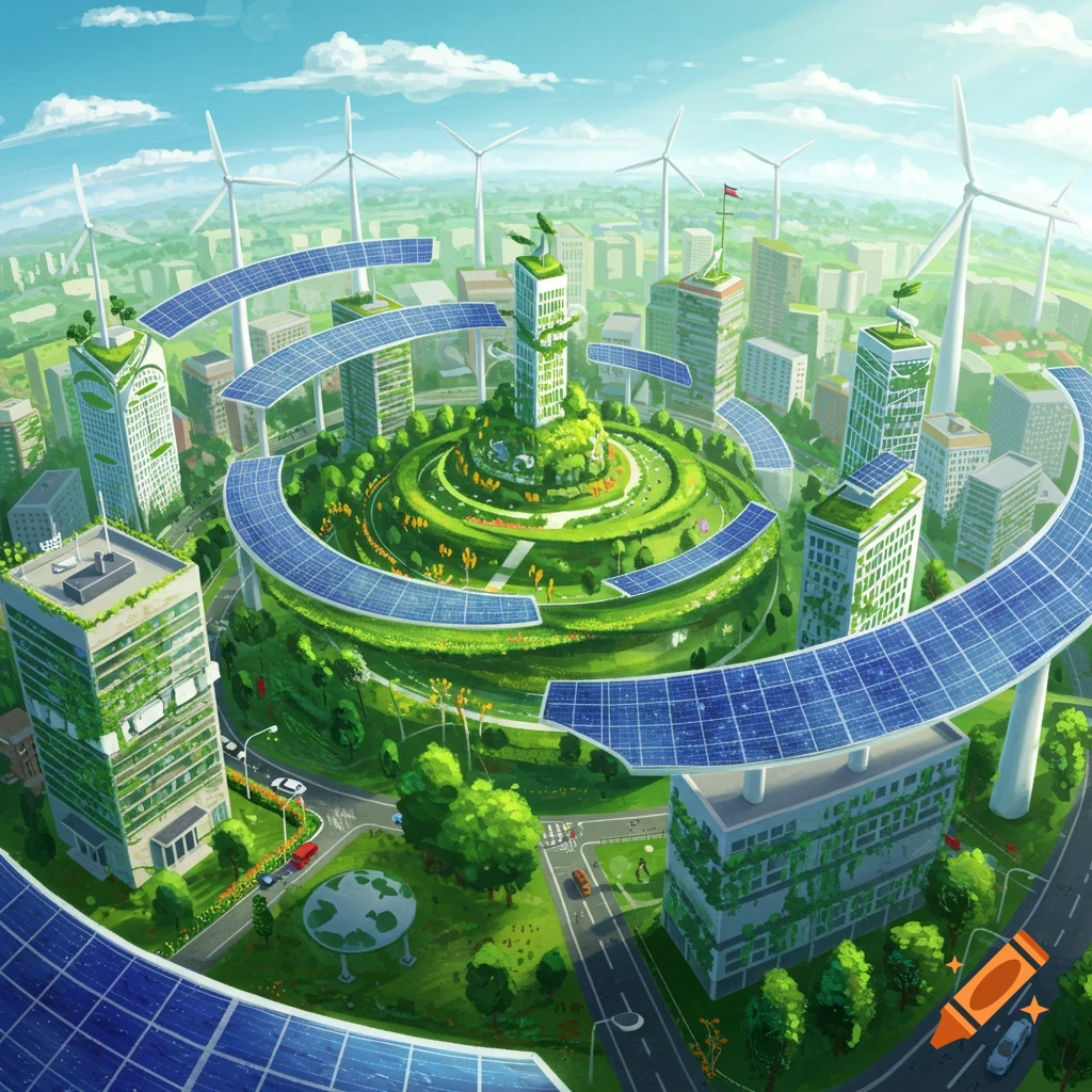 Aerial view of a futuristic eco-city with green buildings, solar panels, wind turbines, and a central green spiral park.
