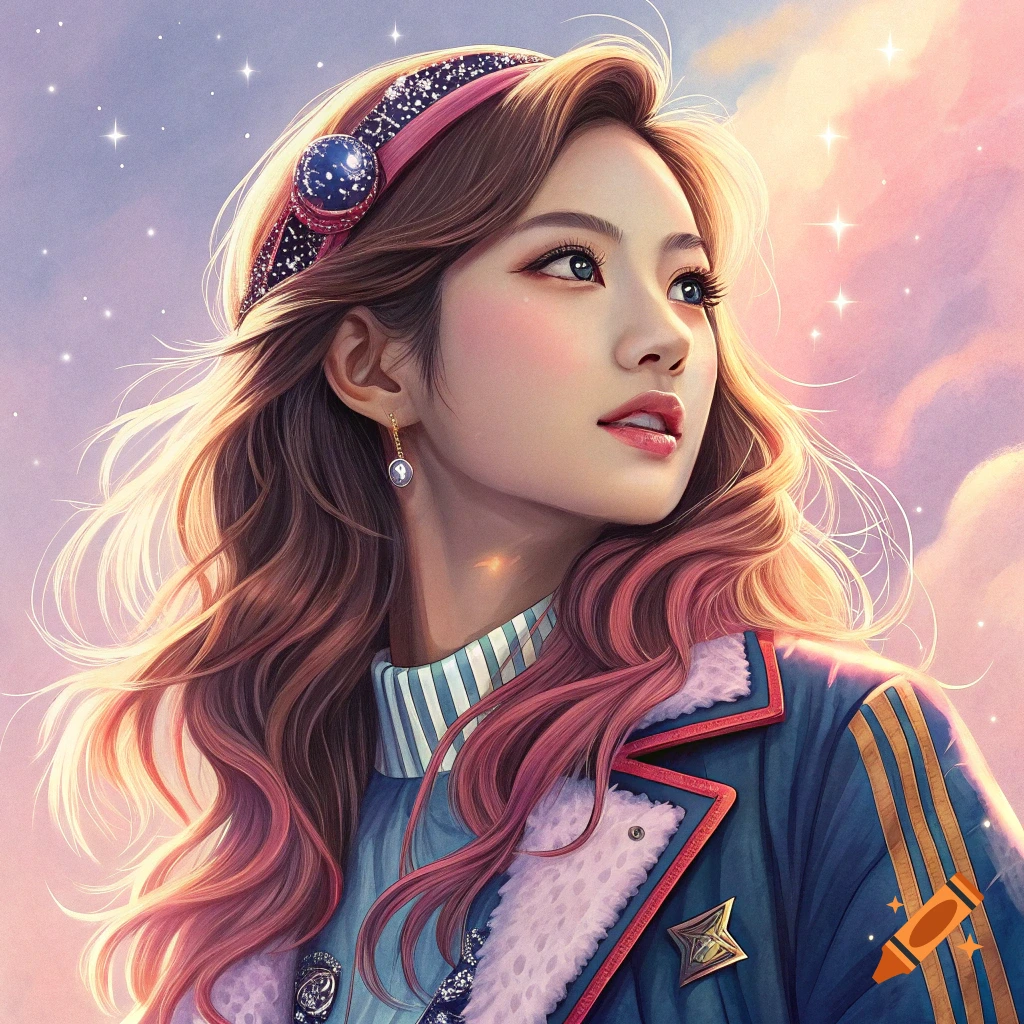 Portrait of a young woman with pink-tipped hair looking up at a starry sky with pink clouds, wearing a headband and jacket.