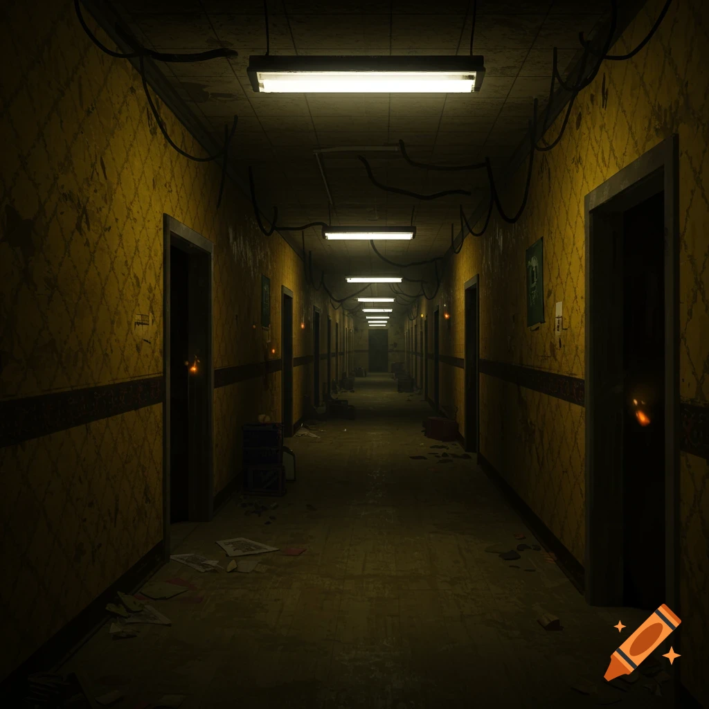 A long, dark hallway with yellow patterned wallpaper, multiple doors, and glowing fluorescent lights leading into the distance.