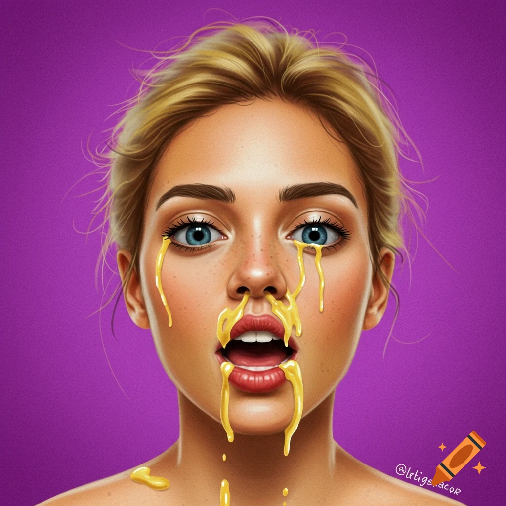A woman's face with yellow liquid dripping from her eyes, nose, and mouth. Artist signature in corner.