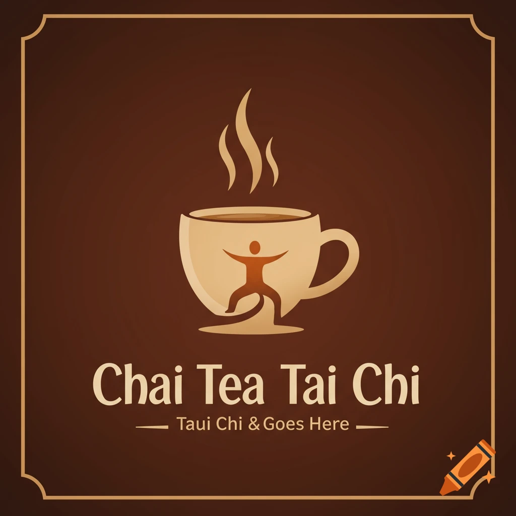Logo with a figure practicing tai chi inside a steaming tea cup, with 'Chai Tea Tai Chi' text.
