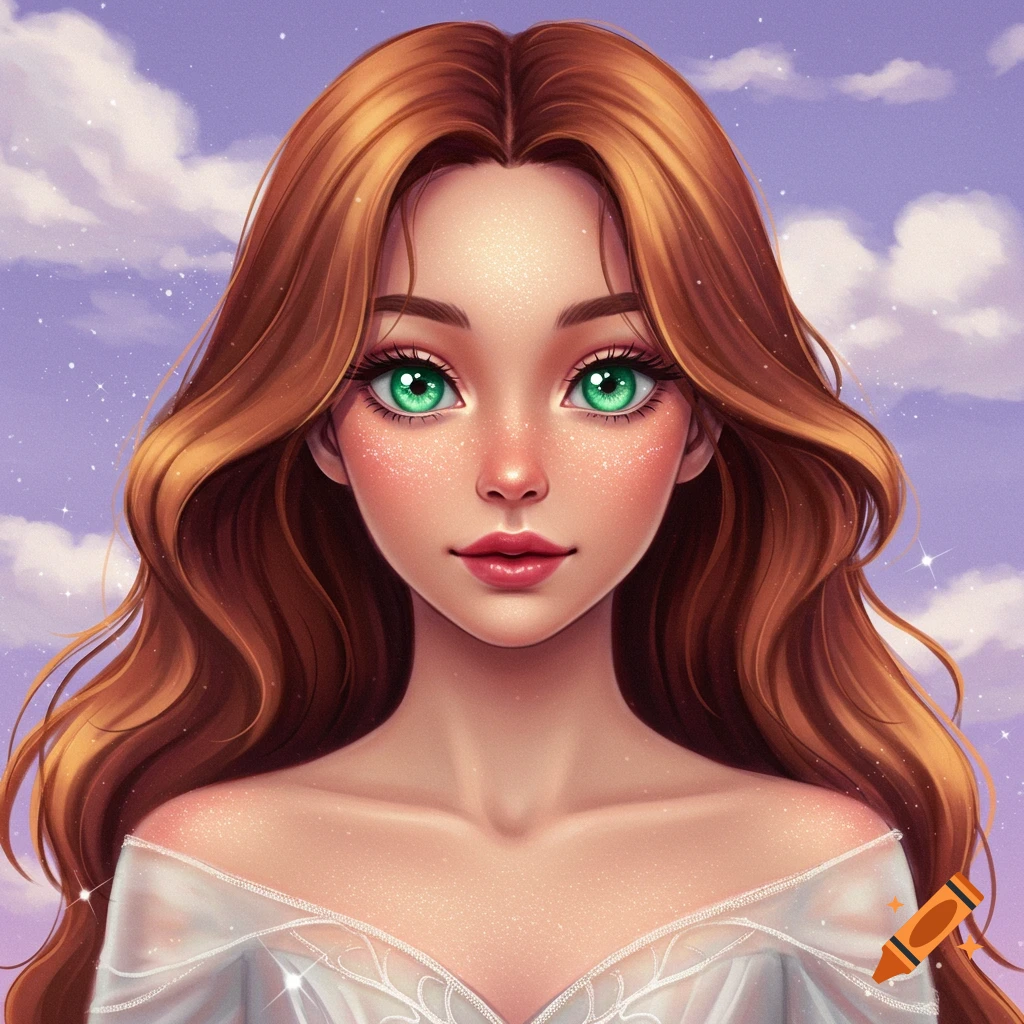 A portrait of a young woman with long brown hair and green eyes against a starry sky.