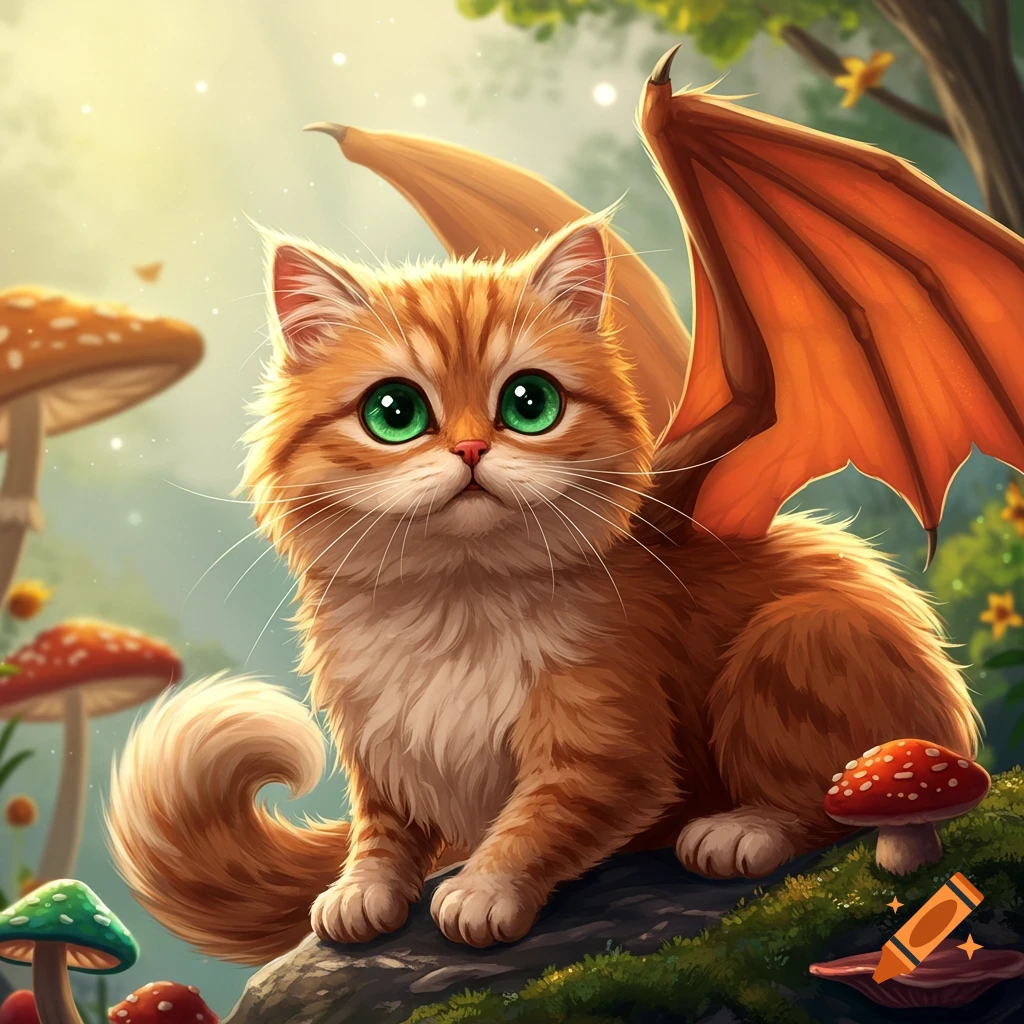 An orange tabby cat with dragon wings sits among giant mushrooms in a forest