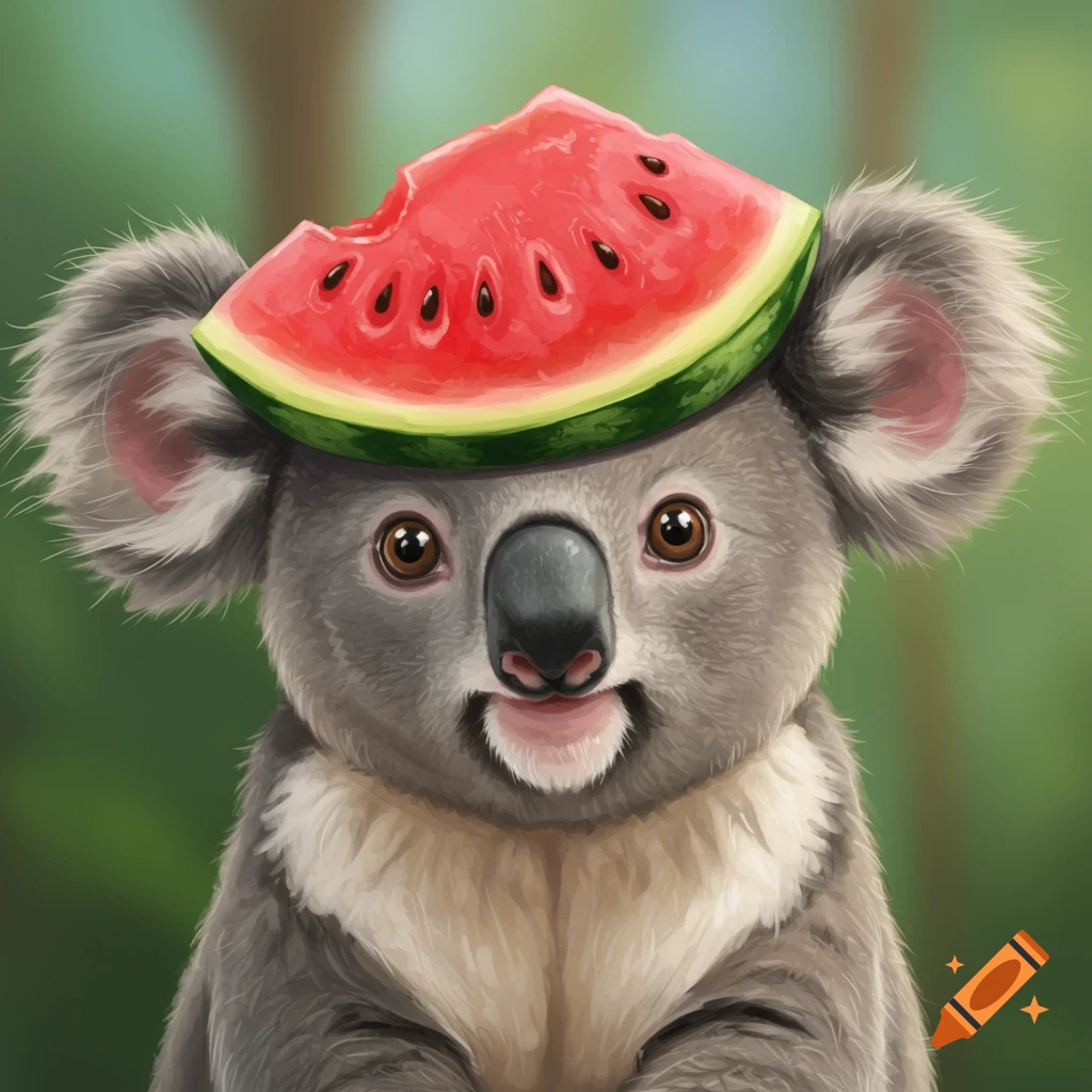 A cute koala wearing a slice of watermelon on its head.