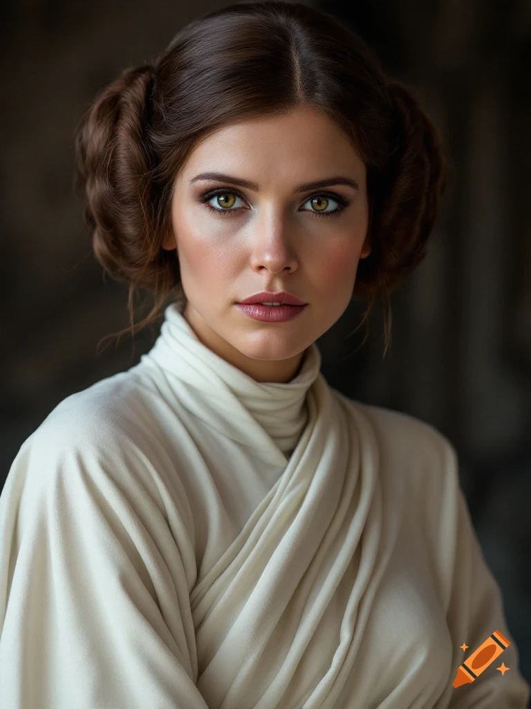 Photorealistic portrait of a woman with Leia buns wearing a white robe.