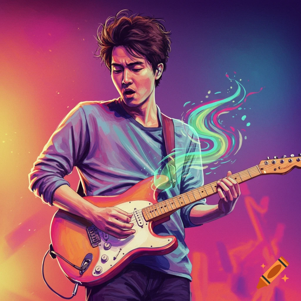 A musician playing an electric guitar on a stage with colorful energy.
