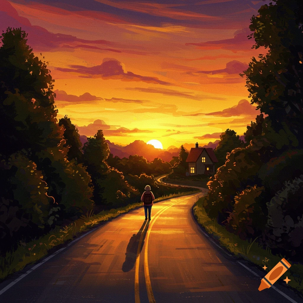 A person walking down a road towards a house during a fiery sunset.