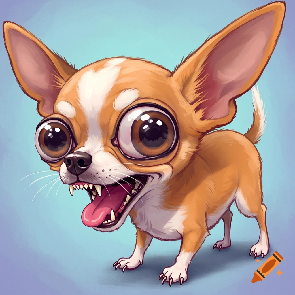 Cartoon depiction of a chihuahua with big eyes and tongue hanging out