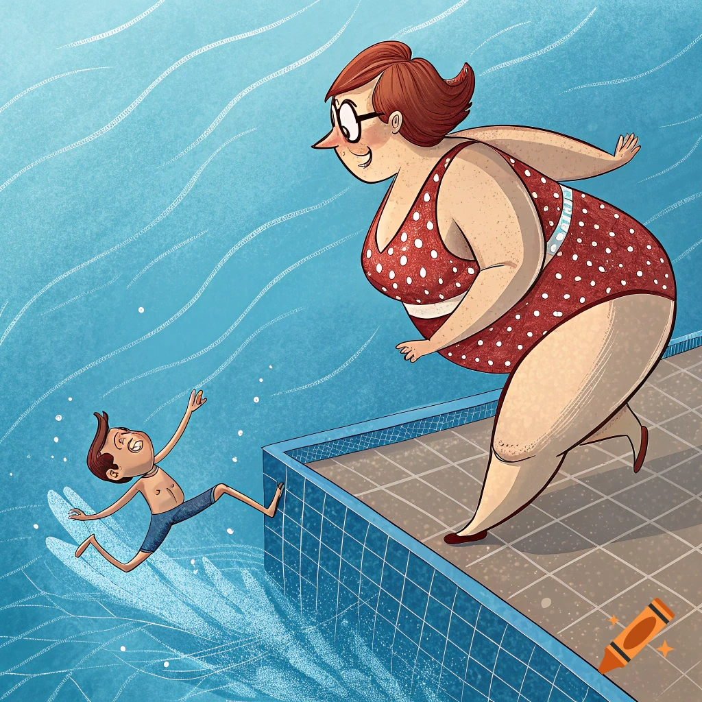 Cartoon illustration of a boy jumping into a swimming pool while a large woman in a swimsuit watches.