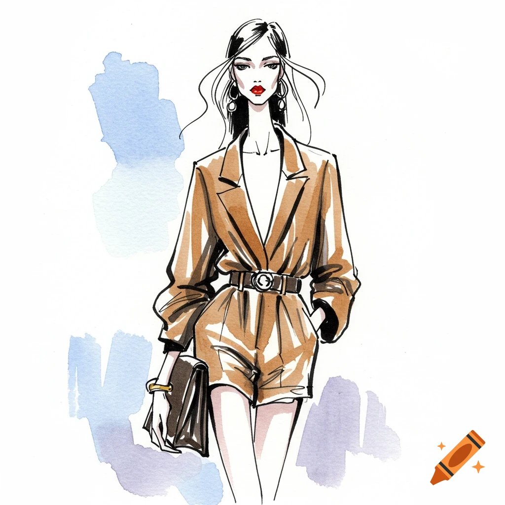 Ink and watercolor fashion illustration of a woman in a brown belted romper suit, holding a clutch.