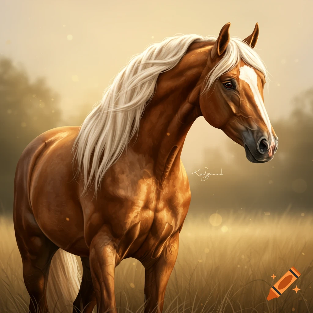 A Palomino horse with a long mane standing in a field.
