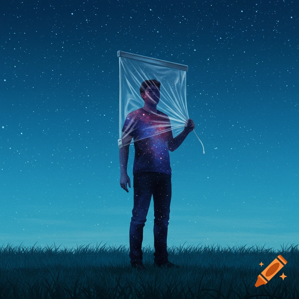 Surreal image of a man pulling a transparent shade over his chest, revealing a galaxy within, under a starry night.