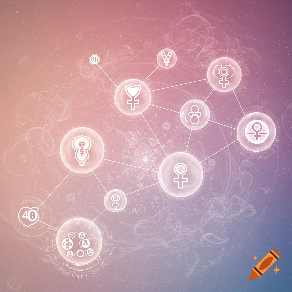 Abstract depiction of a network diagram with symbolic bubbles representing female symbols, communication, and groups, set against a celestial background.