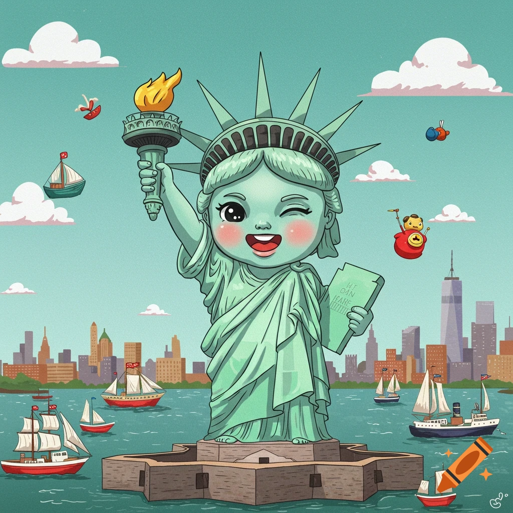 A cute, winking cartoon Statue of Liberty holds a tablet while standing in the water with ships and the New York skyline in the background.