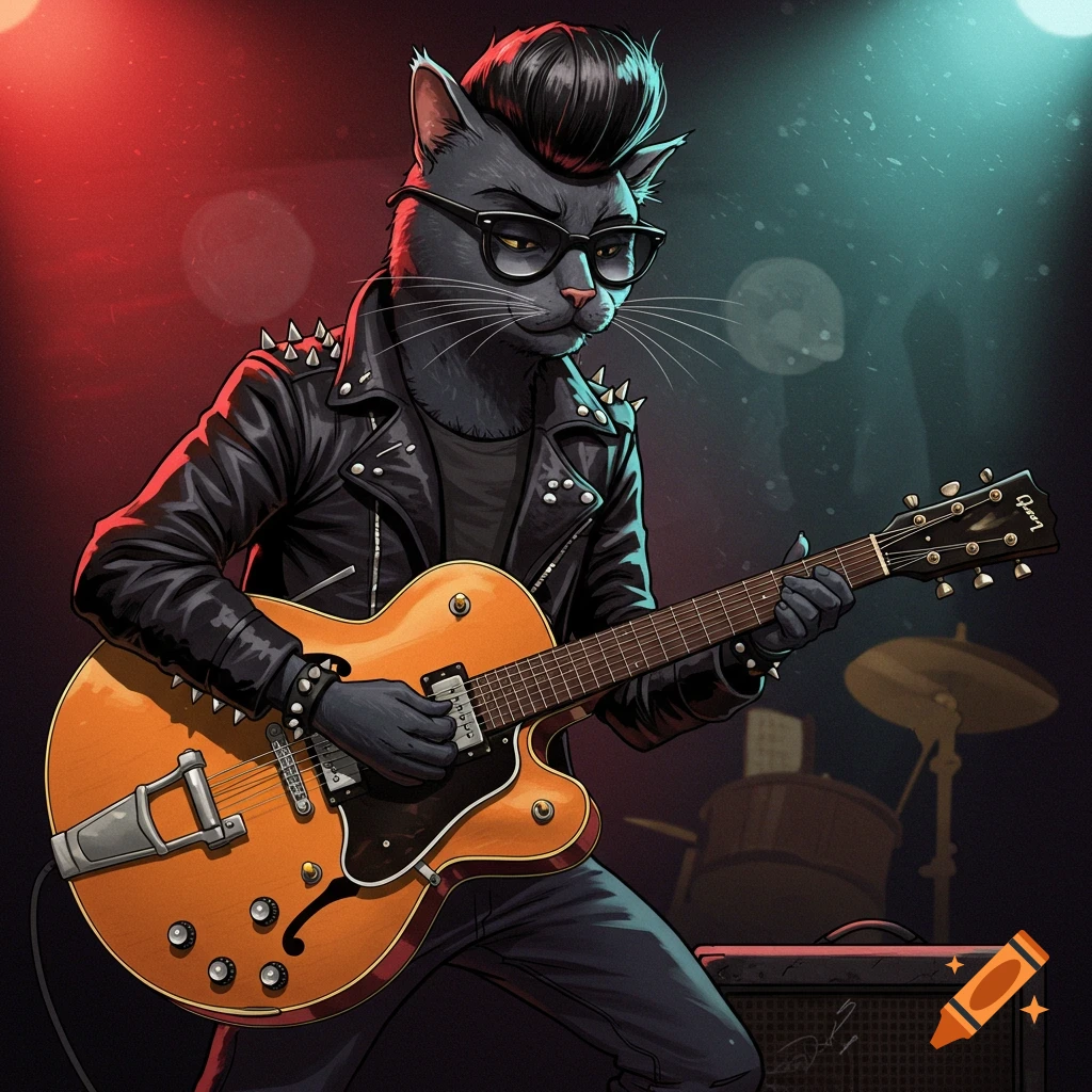 A cool black cat with a pompadour and sunglasses playing a hollow-body electric guitar on stage.