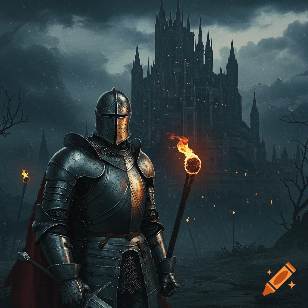 A knight in armor standing in front of a dark castle in the rain