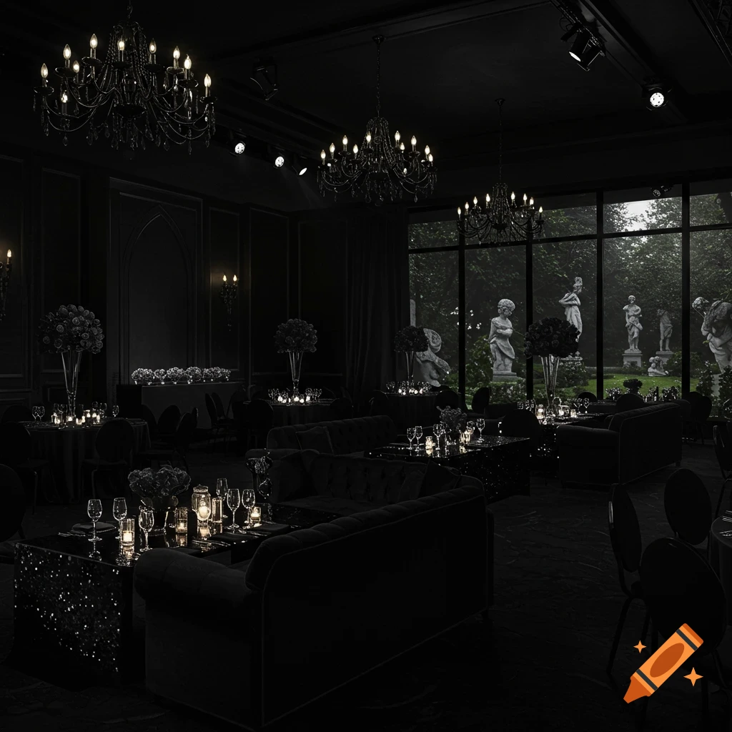 Dark, luxurious wedding venue interior with chandeliers, tables, and garden view with statues.