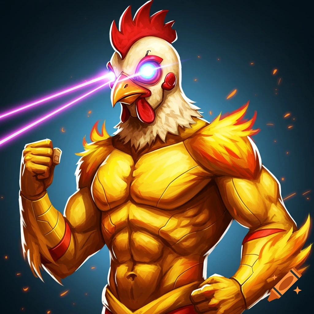 A muscular chicken superhero with glowing laser eyes shoots purple beams, in a digital illustration style.