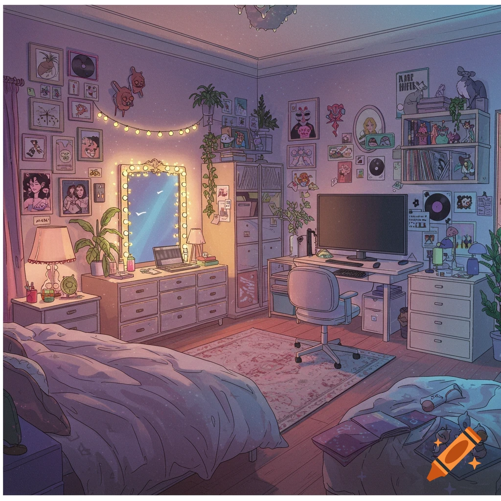 Stylized image of a cluttered bedroom with a bed, desk, dresser, posters, plants, and string lights.