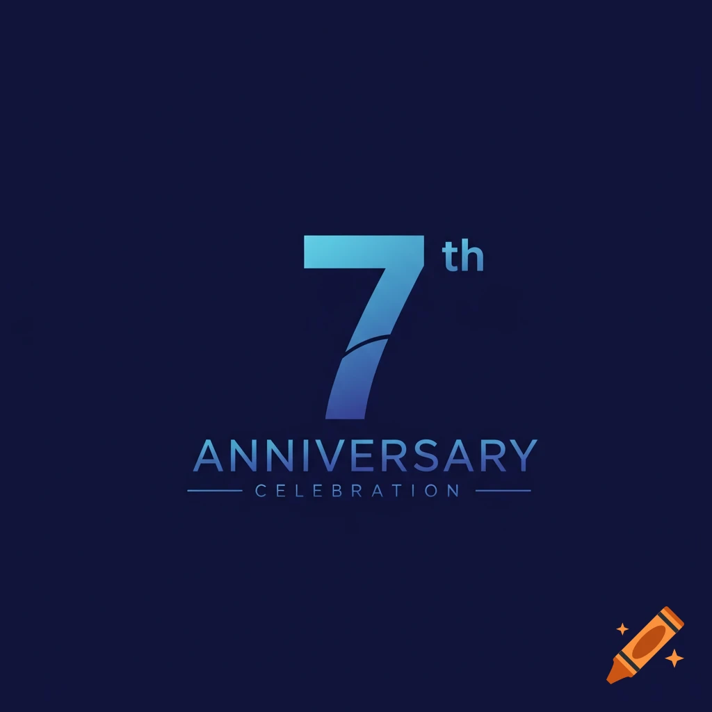 A blue graphic logo for a 7th anniversary celebration, featuring the number 7 and the words ANNIVERSARY CELEBRATION.