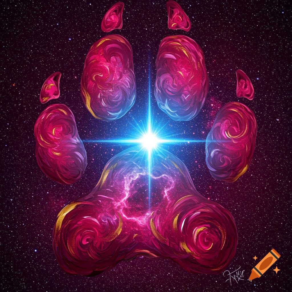 A stylized cosmic paw print against a starfield with a bright central star.