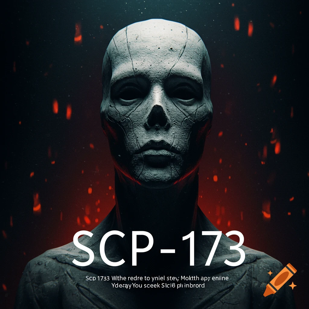 A cracked stone statue of SCP-173 is shown with text and red background lights.