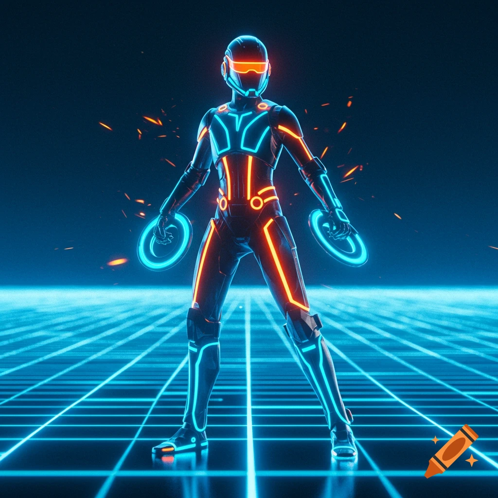 A futuristic character in a suit with glowing blue and orange lines stands on a grid, holding rings.