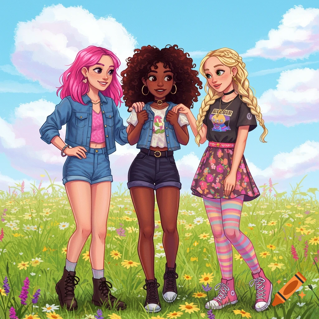 Image of three diverse young women in stylish outfits standing in a sunny meadow filled with wildflowers.