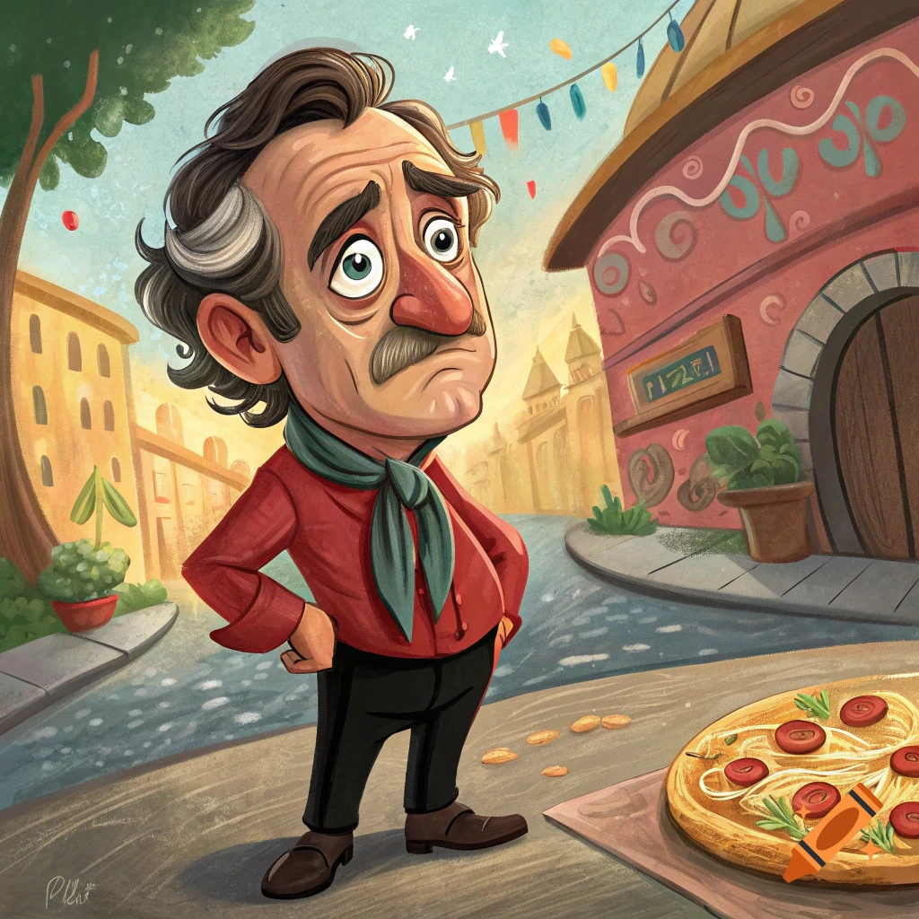 Cartoon man stands in an Italian-style street looking at a pizza.