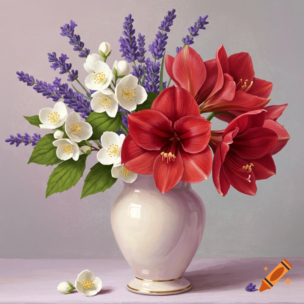 A bouquet of red amaryllis, white jasmine, and purple lavender in a white vase.