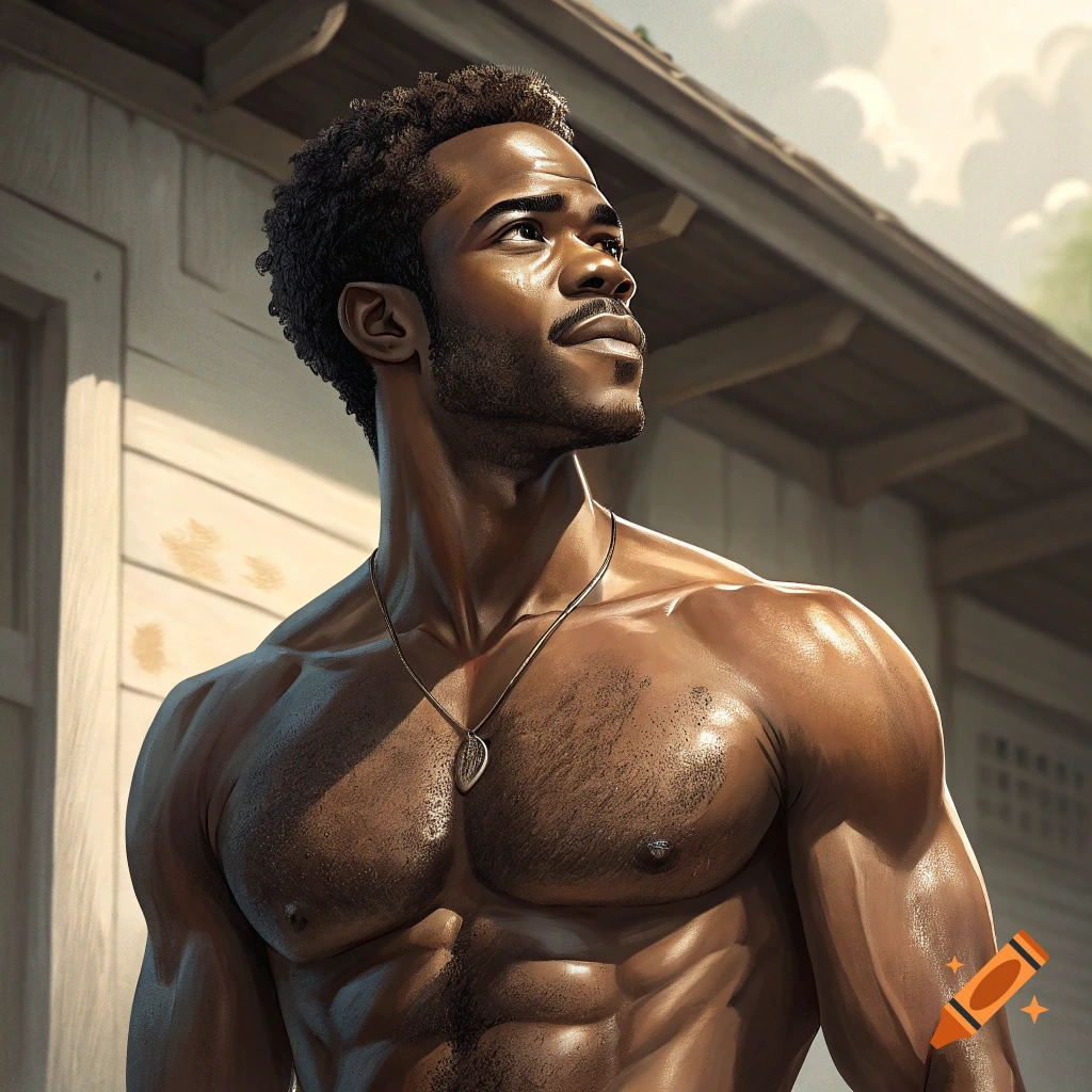 Photorealistic portrait of a shirtless muscular man looking up