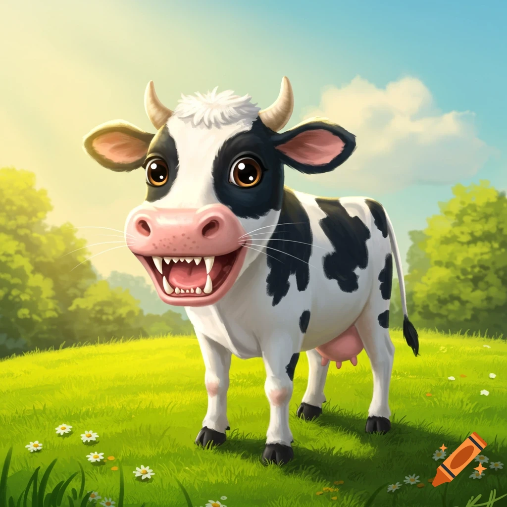 Cartoon cow with sharp teeth and cat-like legs standing in a green field.