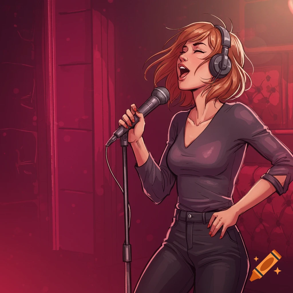 Cartoon illustration of a woman singing into a microphone on stage with headphones.