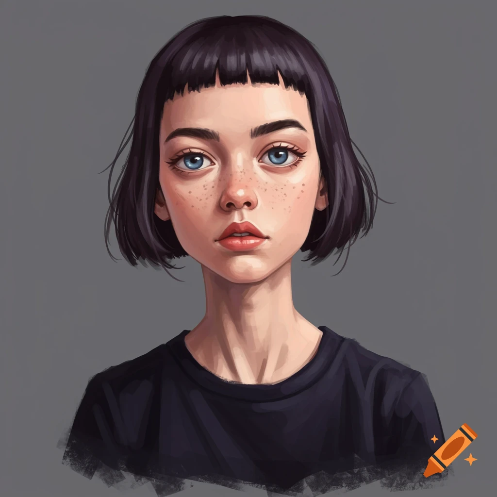 A young woman with short dark hair and bangs, blue eyes, and freckles.