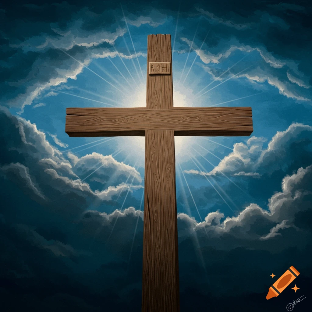 A wooden Christian cross stands tall against a cloudy sky, illuminated by bright rays of light.