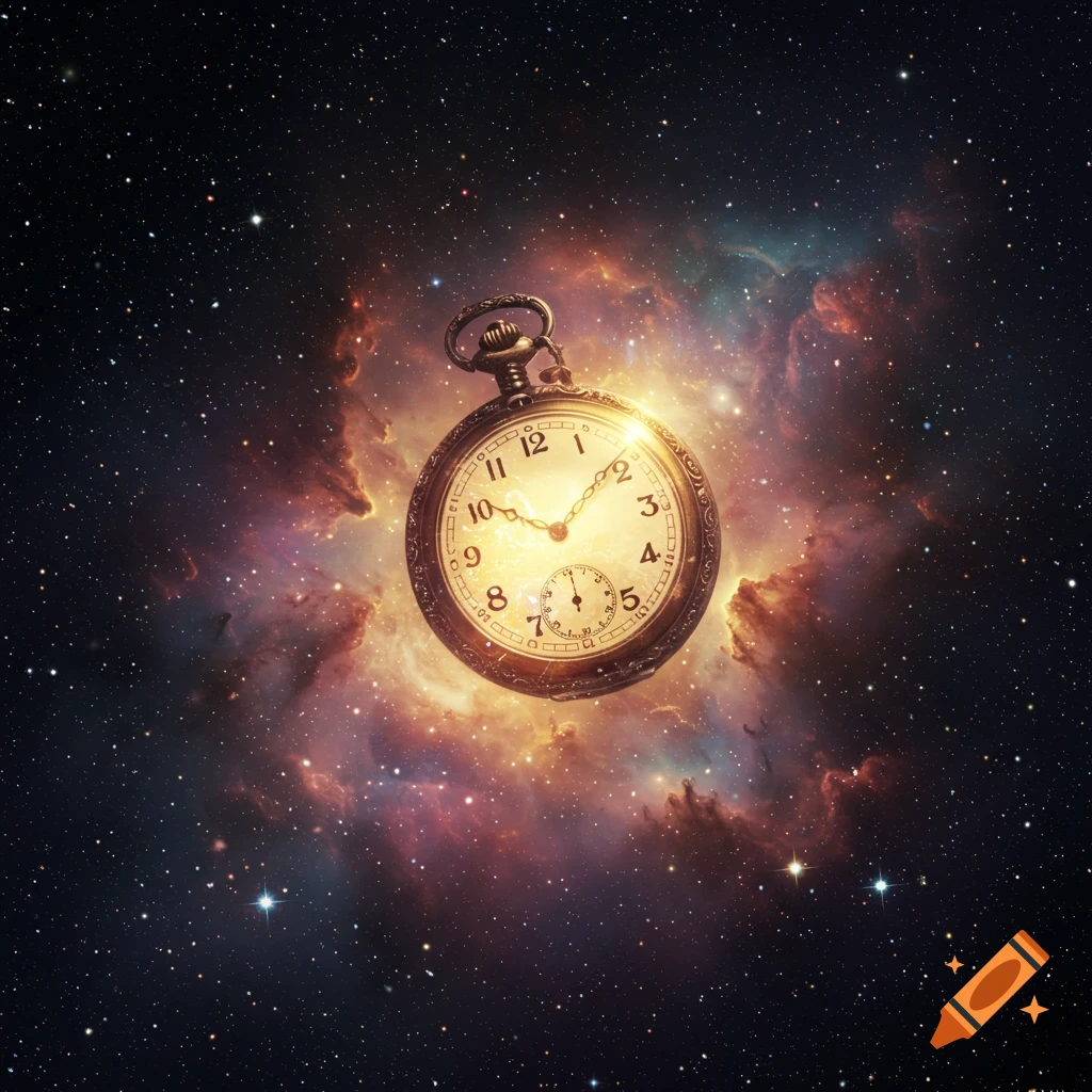 An antique pocket watch floats in deep space surrounded by a colorful nebula.