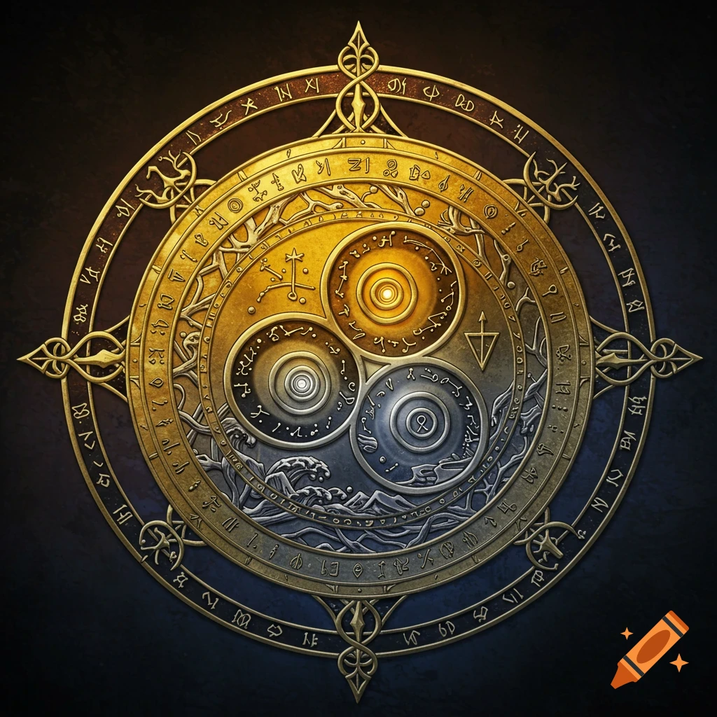 An elaborate golden circular emblem with silver and dark accents, covered in symbols and patterns.