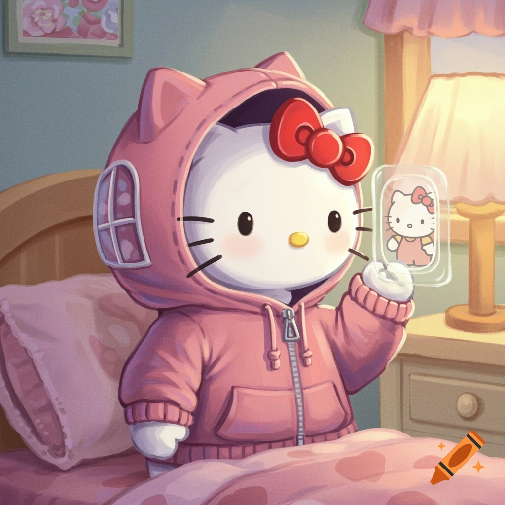 Hello Kitty in a pink hoodie sits on a bed, holding up a clear card with a smaller image of herself.