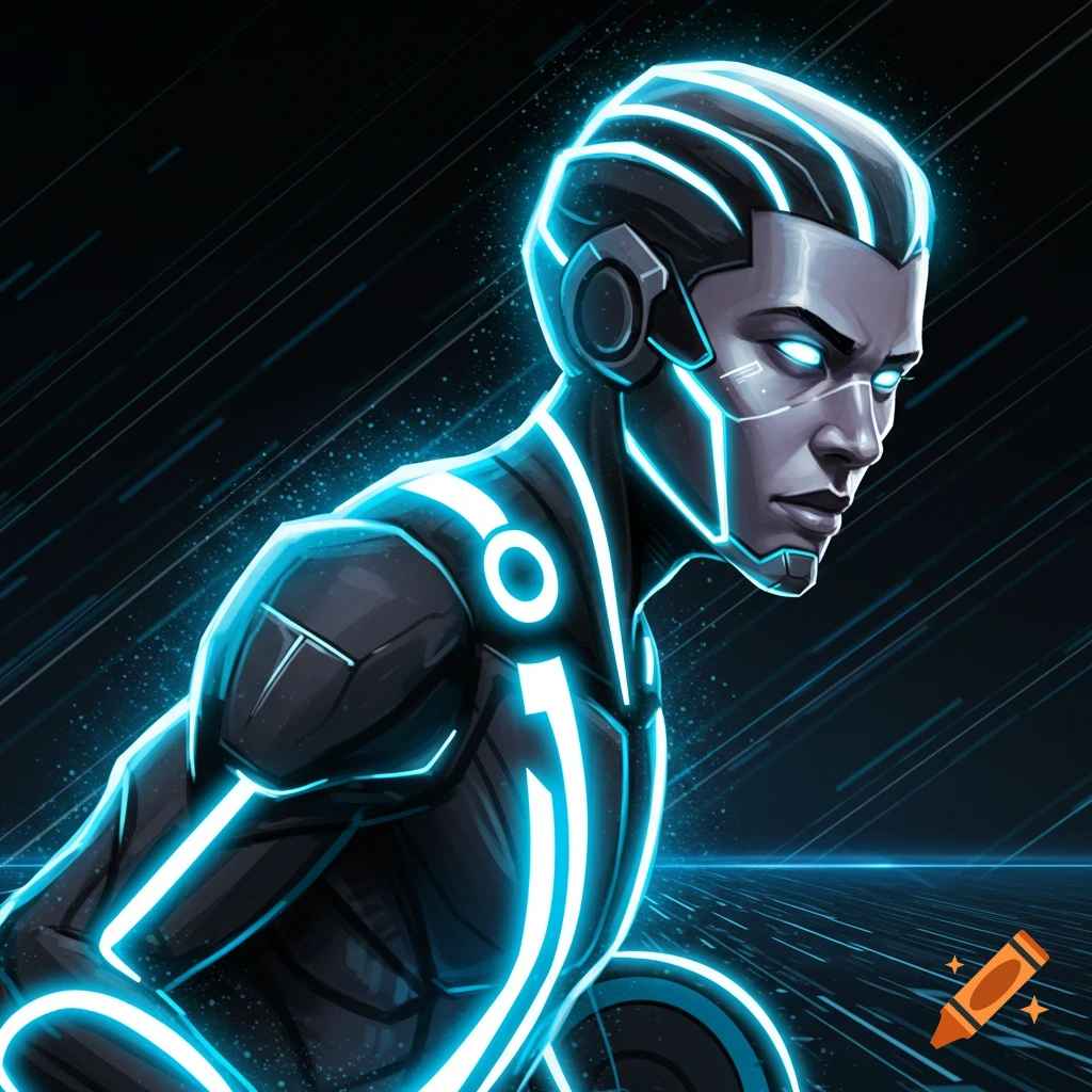 A character in a glowing blue Tron suit