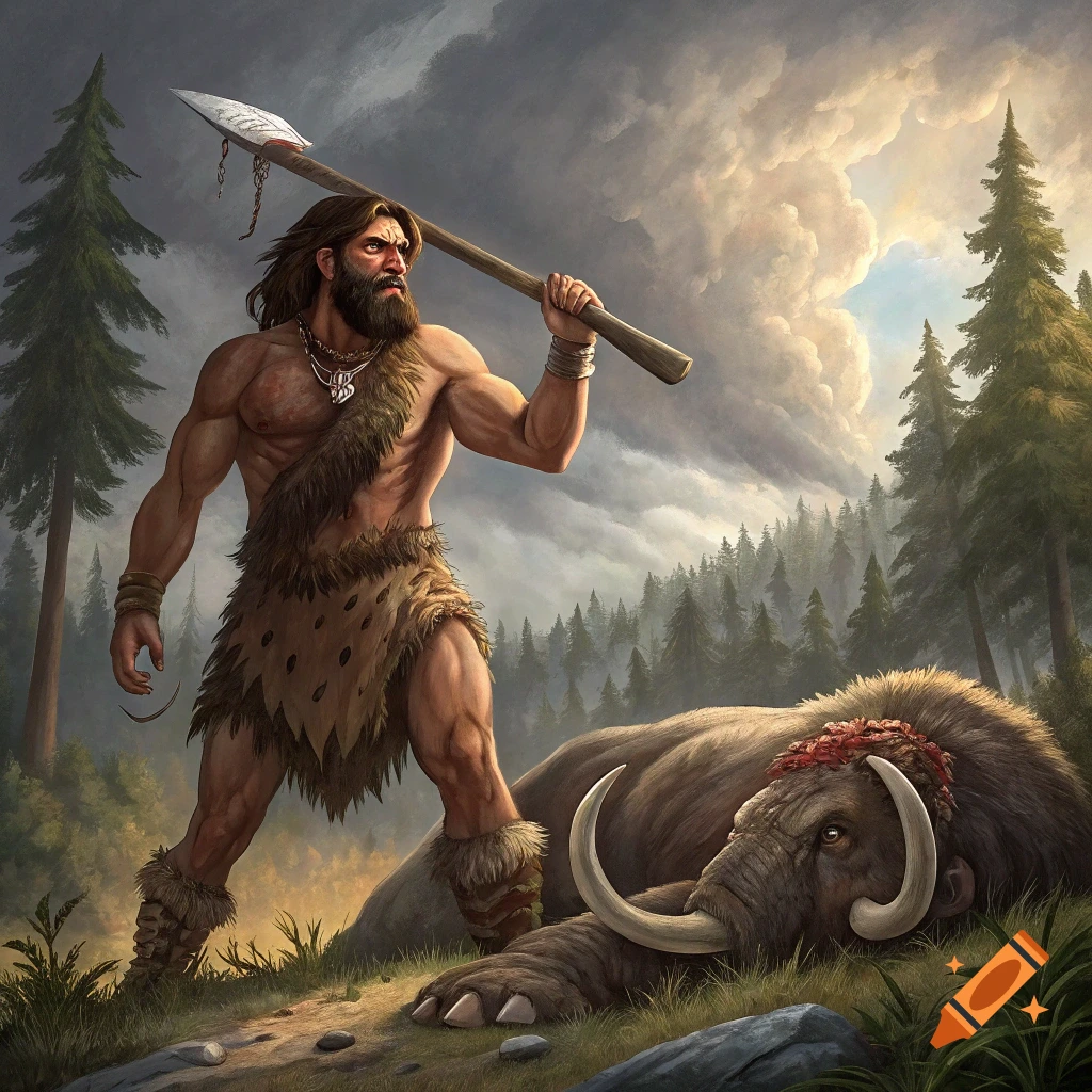 Muscular prehistoric man stands over a dead mammoth holding a spear in a forest setting.