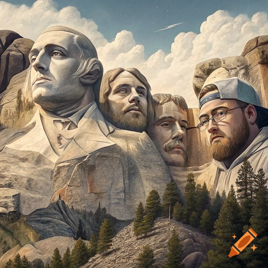 Carved faces of four men resembling Eminem, Action Bronson, Logic, and Mac Miller on a mountain like Mount Rushmore, with trees and sky.