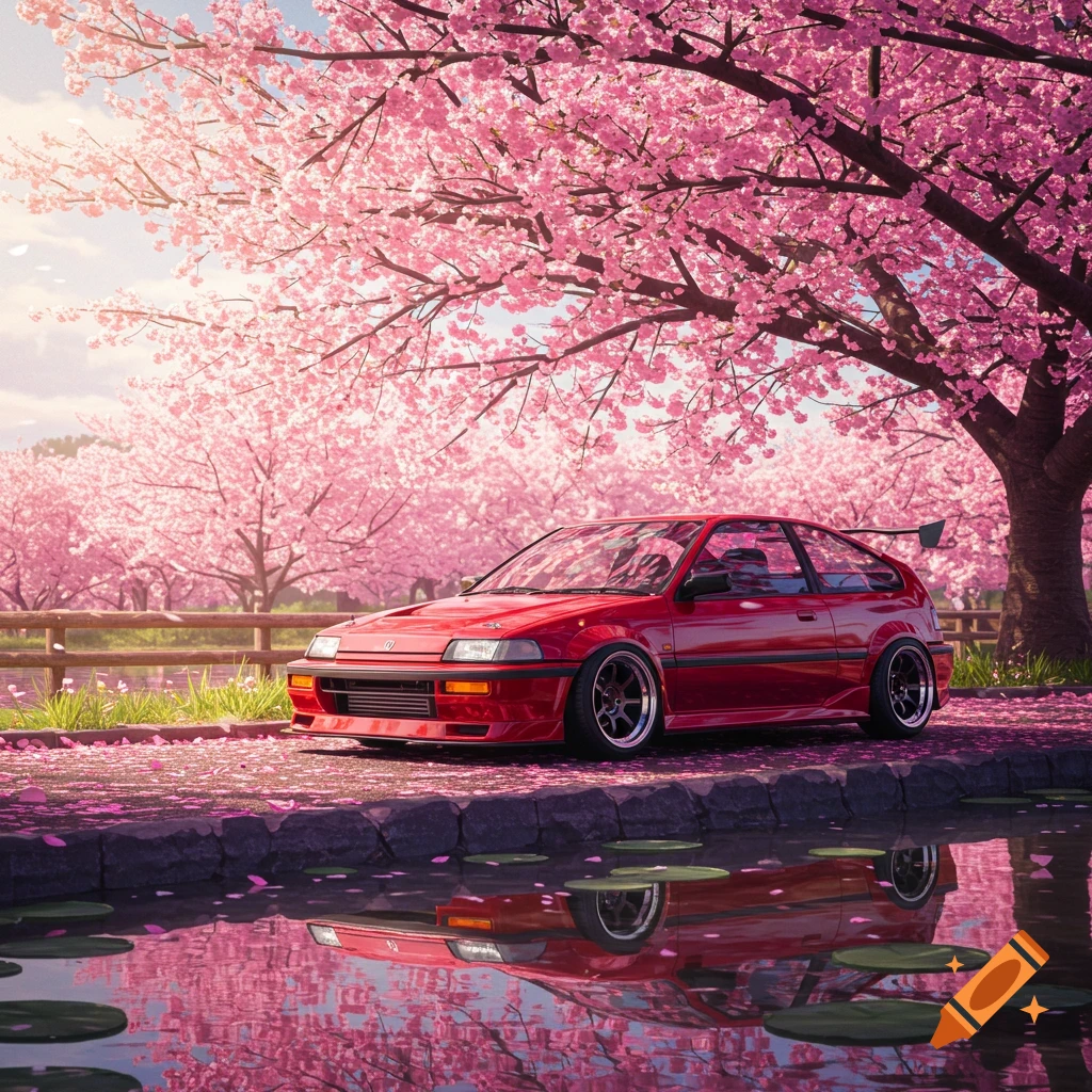 Red JDM car under blooming cherry blossom trees, reflected in a pond.