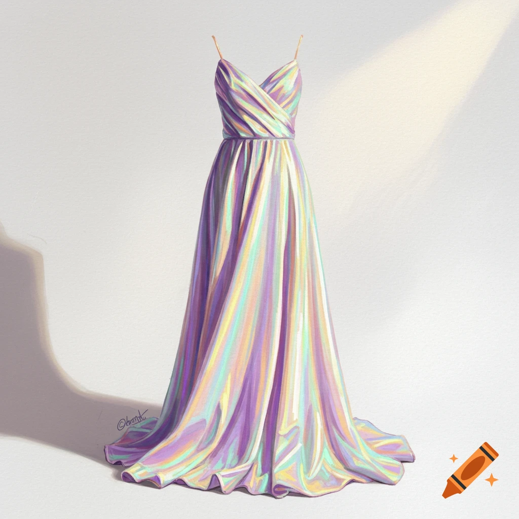 A long iridescent striped dress on a stand.