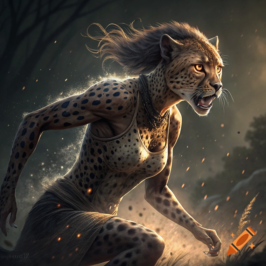 A fierce were-cheetah woman in mid-transformation, running through a forest with glowing eyes.