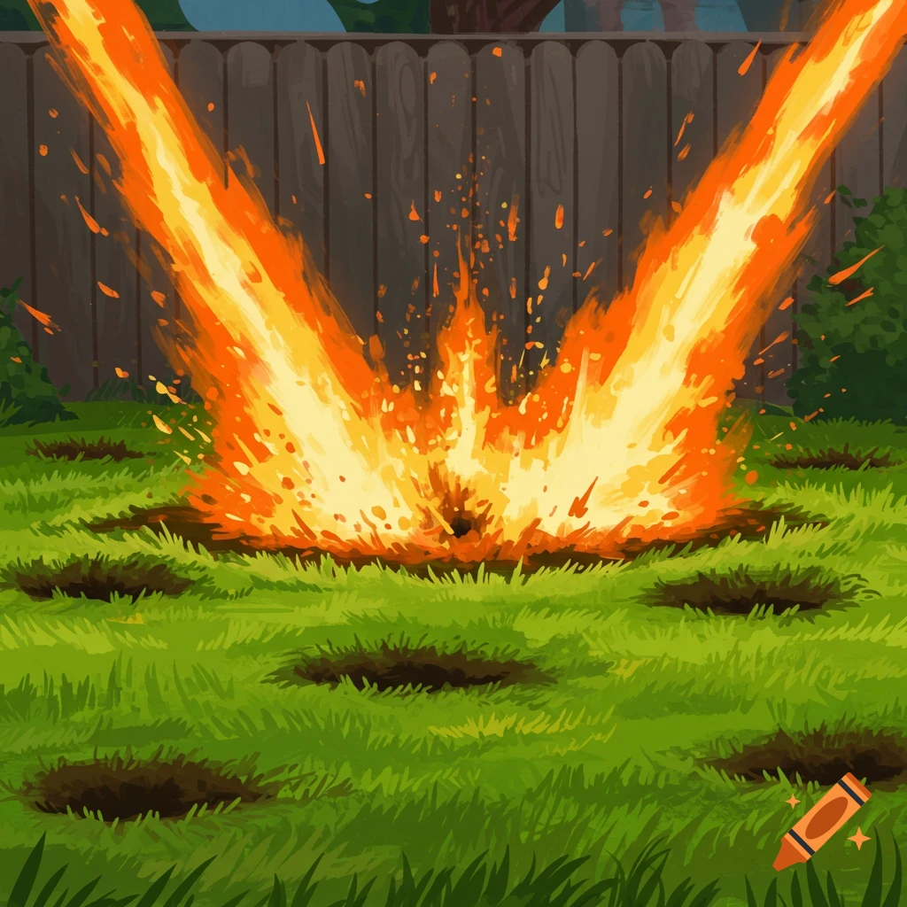 Cartoon style fire jets erupt from holes in a grassy lawn near a fence.