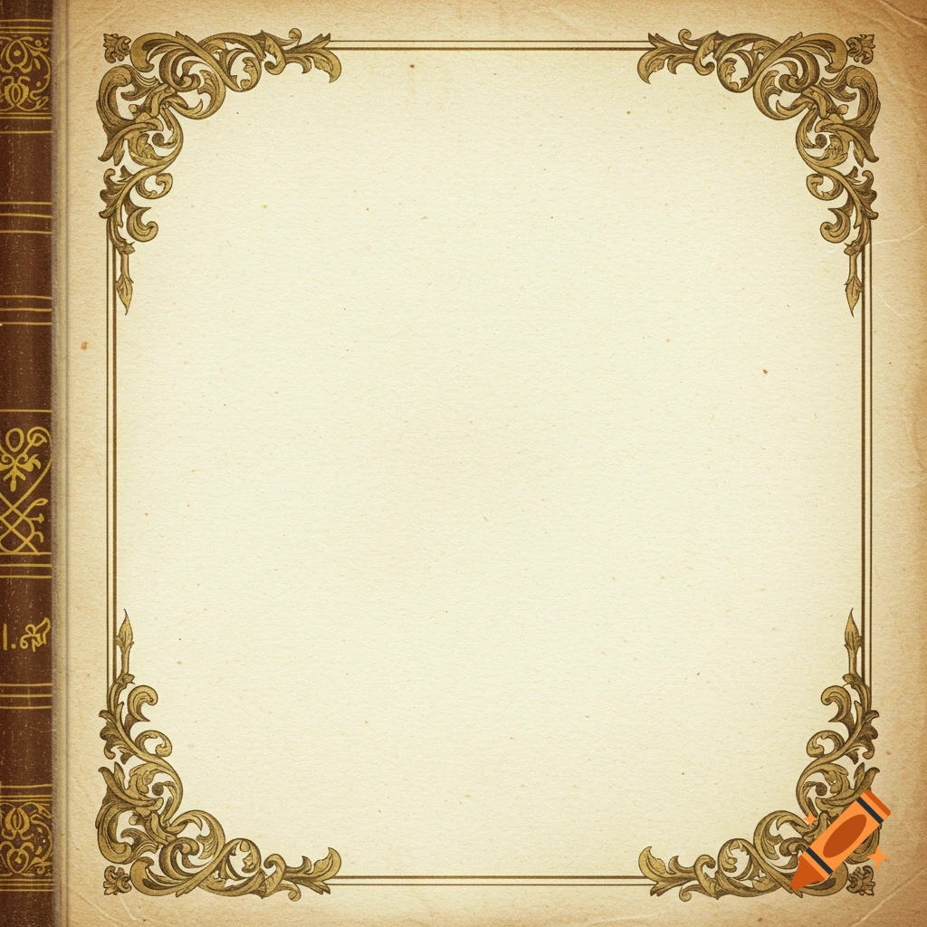 An antique paper book cover design with gold filigree borders and a brown spine with symbols.